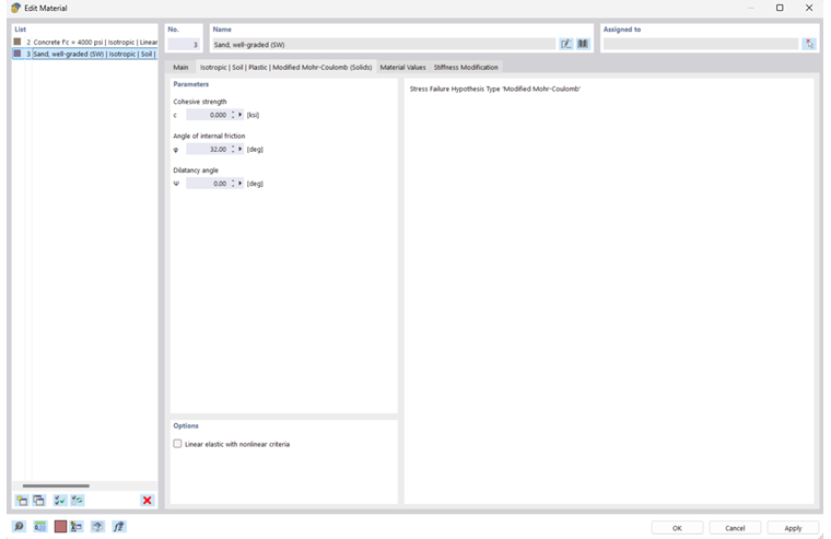 Okno dialogowe wprowadzania danych - Zmodyfikowany model Mohr-Coulomba