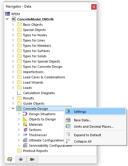 Menu kontekstowe kategorii 'Wymiarowanie betonu' w nawigatorze