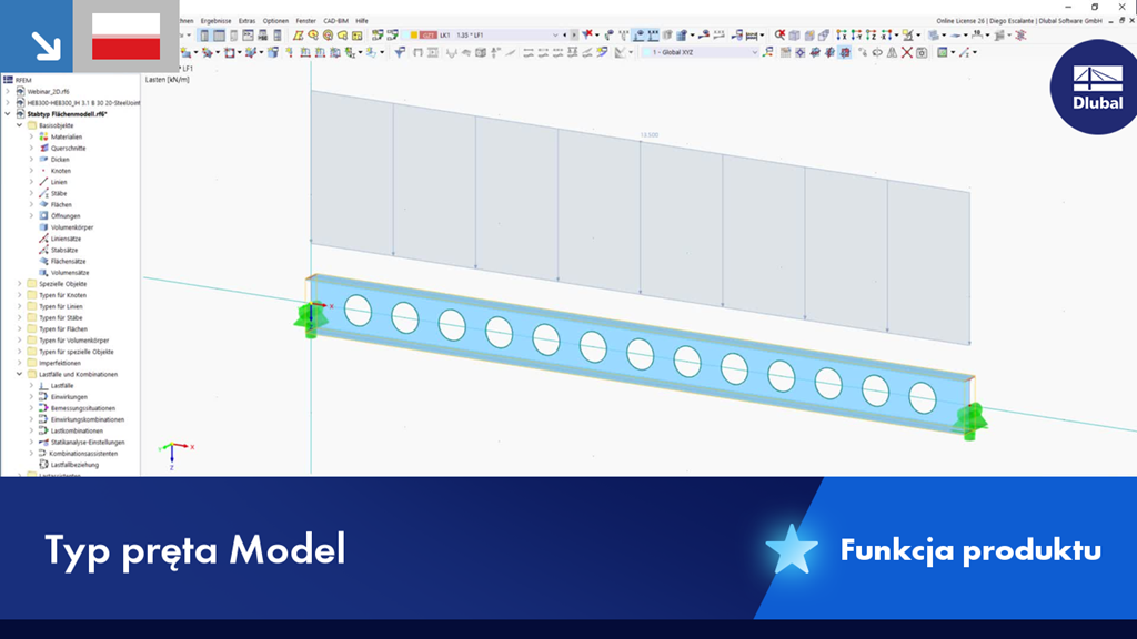 Model powierzchniowy jako typ pręta w analizie statyczno-wytrzymałościowej, zwizualizowany w widoku 3D.