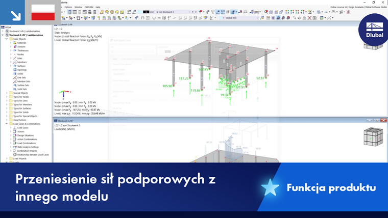 Prezentacja funkcji transferu sił reakcji między modelami w projektach budowlanych.