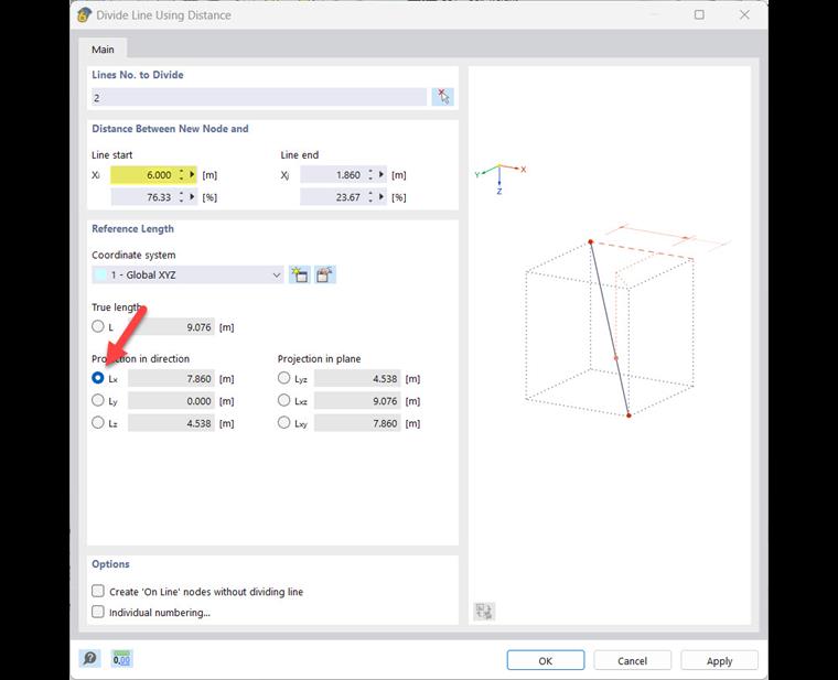 Okno dialogowe "Podział linii według odległości"