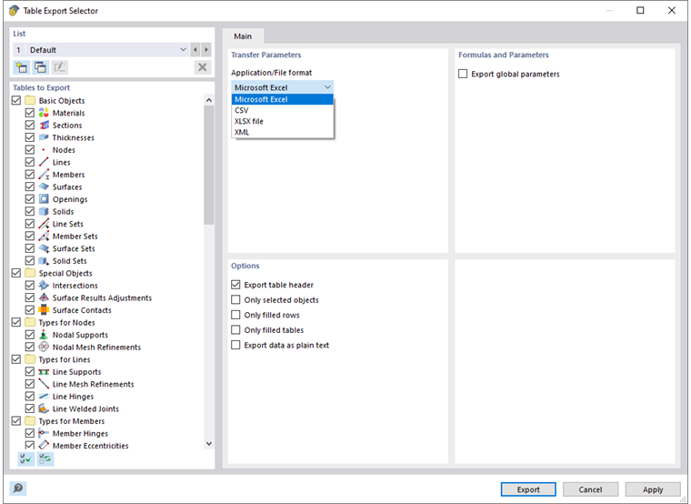 Ustawienia eksportu tabel