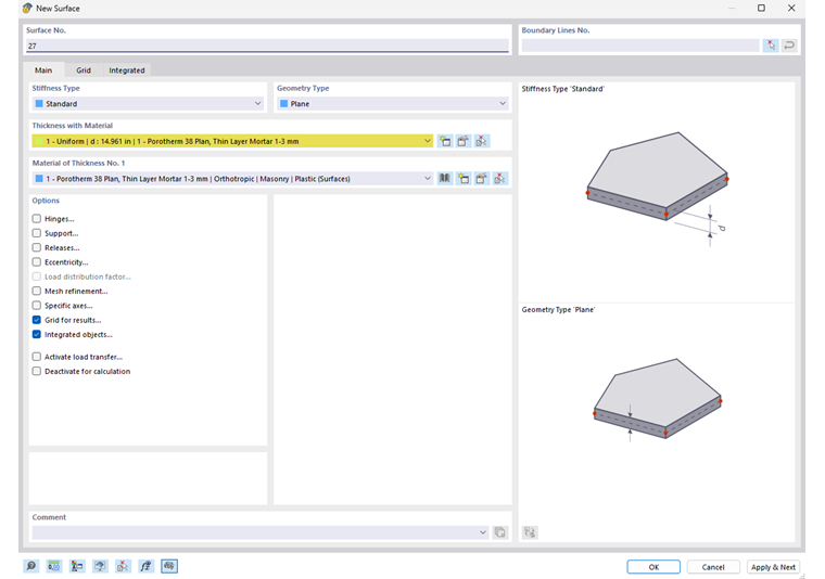 Okno dialogowe pokazuje opcje tworzenia nowej powierzchni, w tym wybór materiału i ustawień geometrycznych.