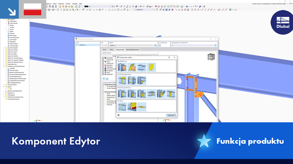 Edytor prętów przedstawia ustawienia analizy liniowej i nieliniowej dla belki.