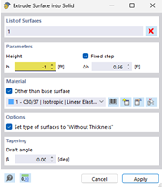 Okno dialogowe do ekstruzji powierzchni w bryłę z różnymi opcjami i ustawieniami.