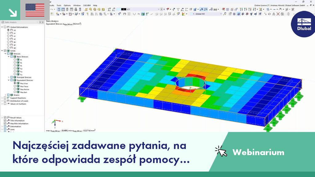 Webinar odpowiadający na często zadawane pytania, na które odpowiedzieli w lipcu 2023 roku pracownicy wsparcia technicznego Dlubal, koncentrujący się na rozwiązaniach inżynierskich i pomocy.