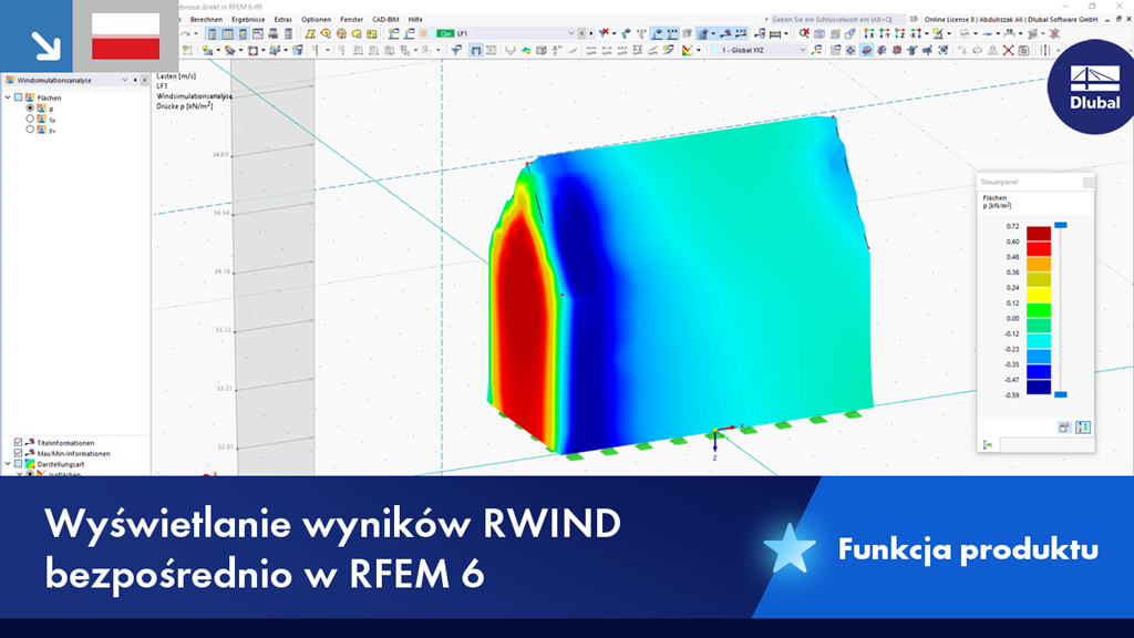 Wizualizacja wyników symulacji w programie RWIND w środowisku RFEM 6, pokazująca wpływy aerodynamiczne na model konstrukcji.
