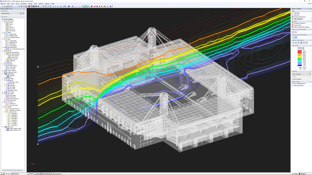 Model 3D stadionu Old Trafford z kolorowym polem przepływu, analiza w programie RWIND