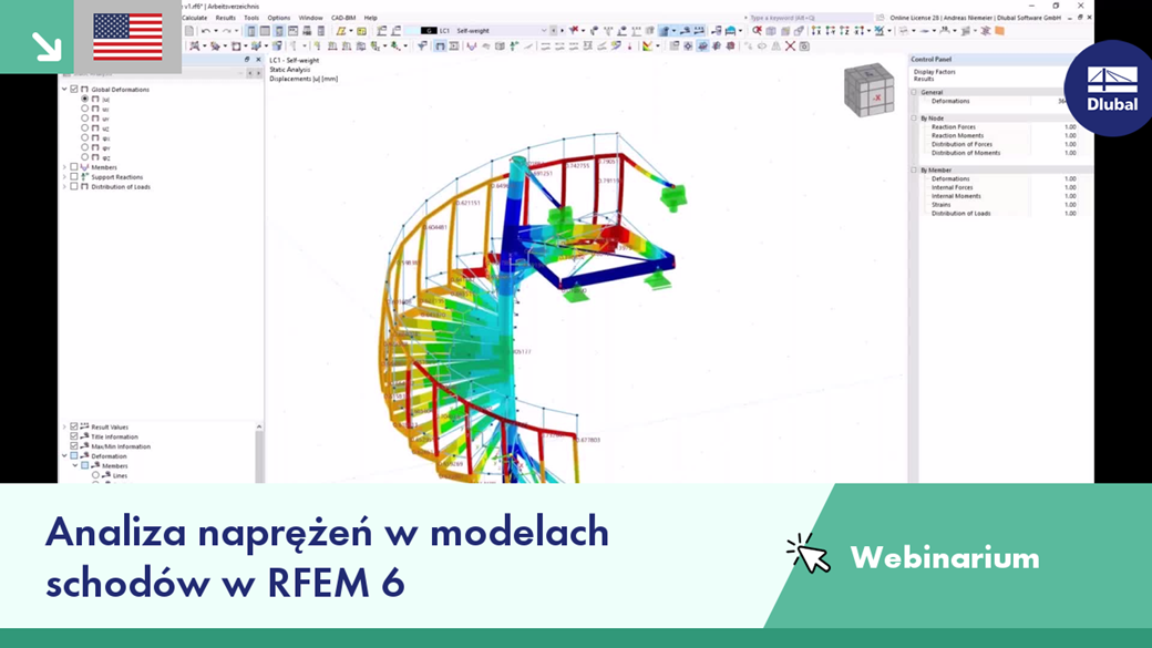 Analiza naprężeń modeli schodów w programie RFEM 6 na webinarium.