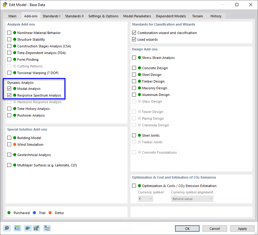 Aktywacja rozszerzeń „Analiza modalna” i „Analiza spektrum odpowiedzi”