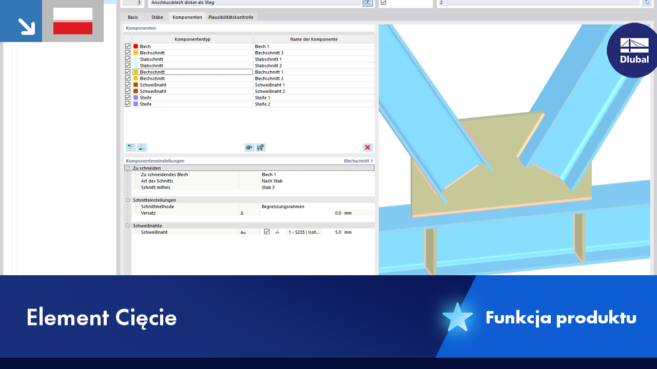 Szczegół przekroju stalowego z rysunkiem technicznym i elementami połączenia