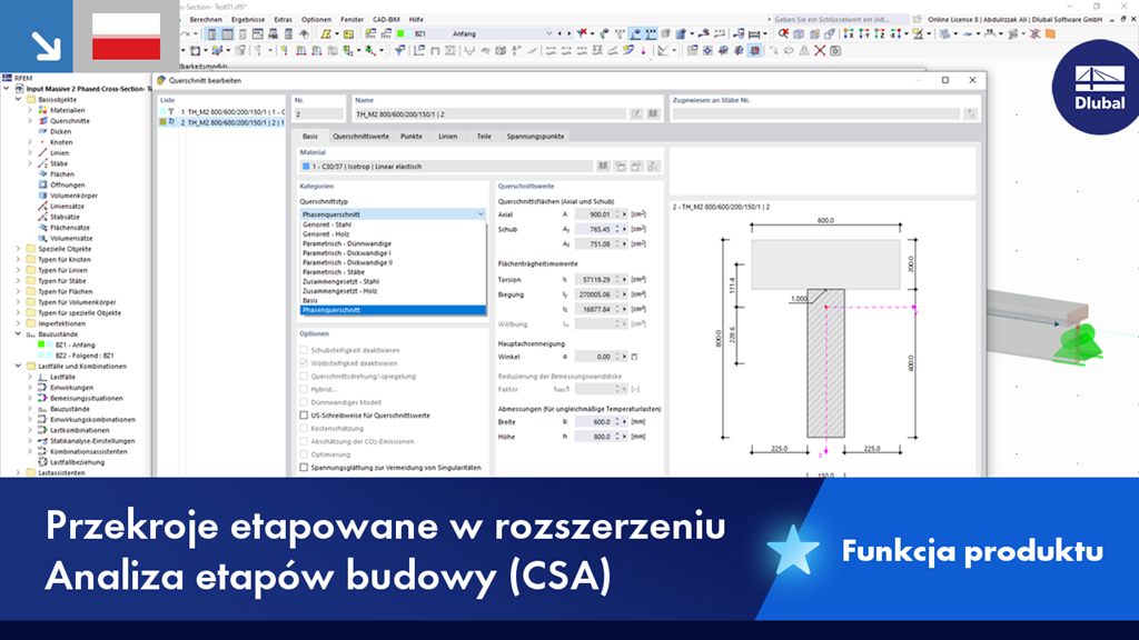 Analiza krokowych przekrojów w fazie budowy za pomocą rozszerzenia Dlubal