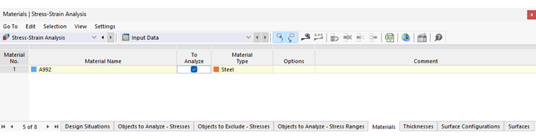 Tabela Materiały do obliczeń naprężeń-odkształceń