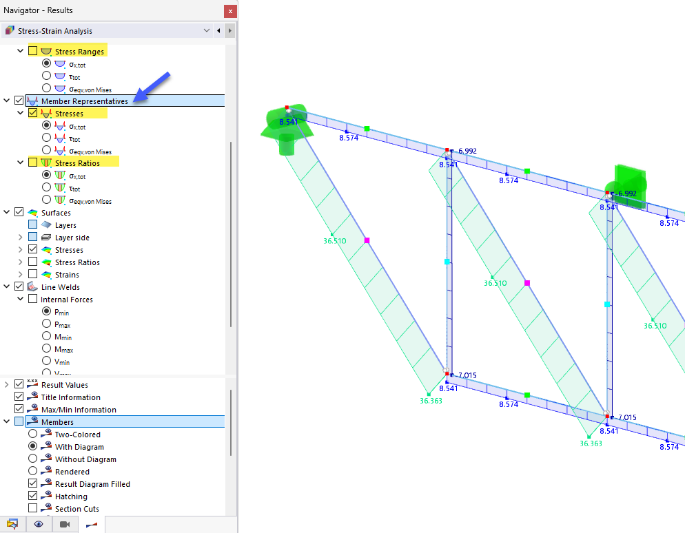 Wyświetlanie naprężeń na reprezentatywnych prętach