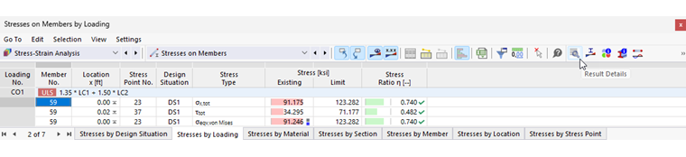 Przycisk „Szczegóły wyników” w pasku narzędzi tabeli