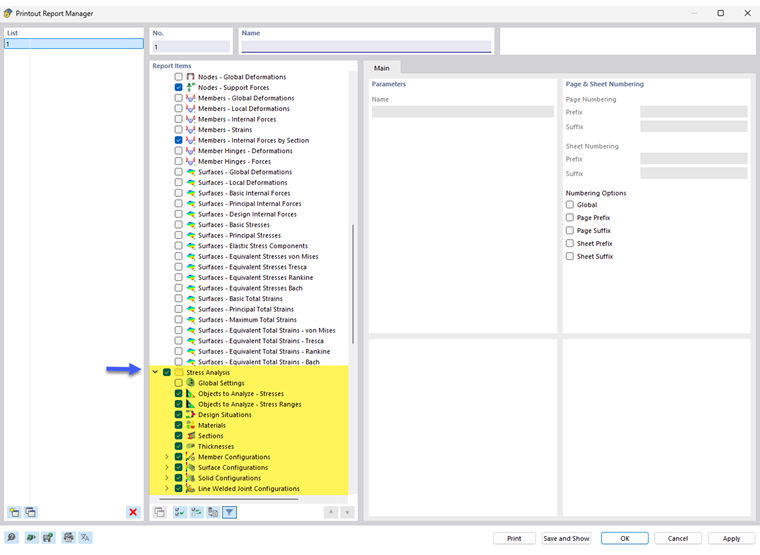 Menadżer protokołu wydruku z rozdziałami do obliczeń naprężeniowo-odkształceniowych