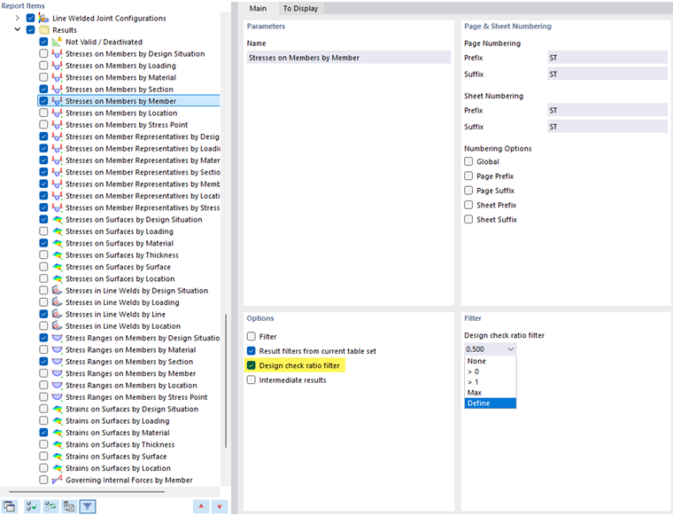 Opcje filtrowania dla kryterium obliczeń