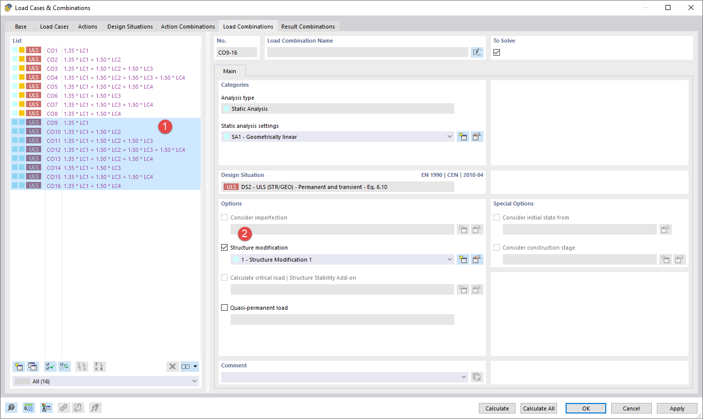 Zdefiniuj kombinacje obciążeń i przypisz je do modyfikacji konstrukcji