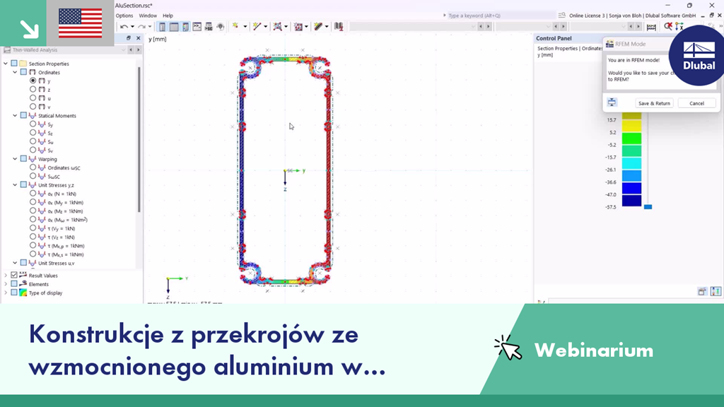 Ilustracja analizy wzmocnionych przekrojów aluminiowych w programach RSECTION 1 i RFEM 6 użyta w webinarium inżynierskim.