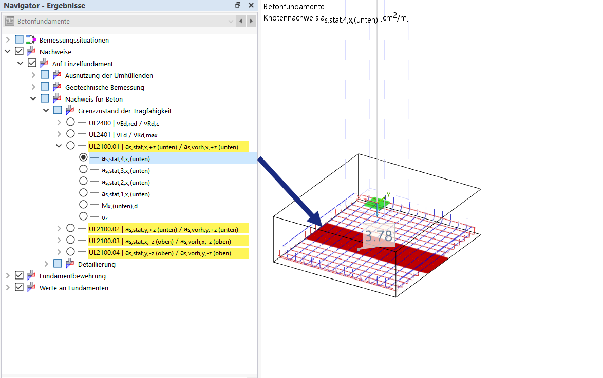 Zabezpieczenie na zginanie w fundamentach betonowych zwizualizowane za pomocą pasma obliczeniowego.