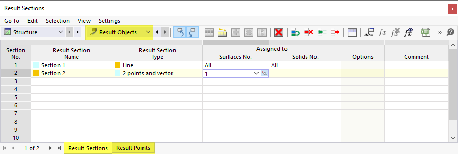 Obiekty wynikowe w tabeli