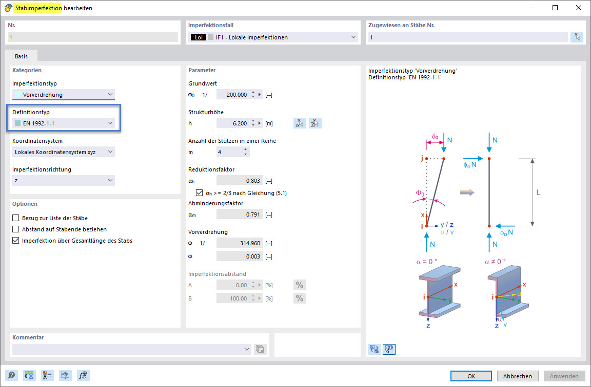 Rysunek imperfekcji prętów wg EN 1992-1-1 i EC 2, typ definicji Początkowy obrót