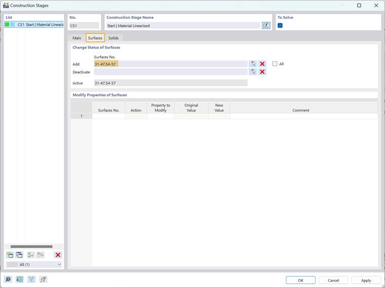 Zmiana statusu powierzchni w etapach budowy w programie RFEM 6