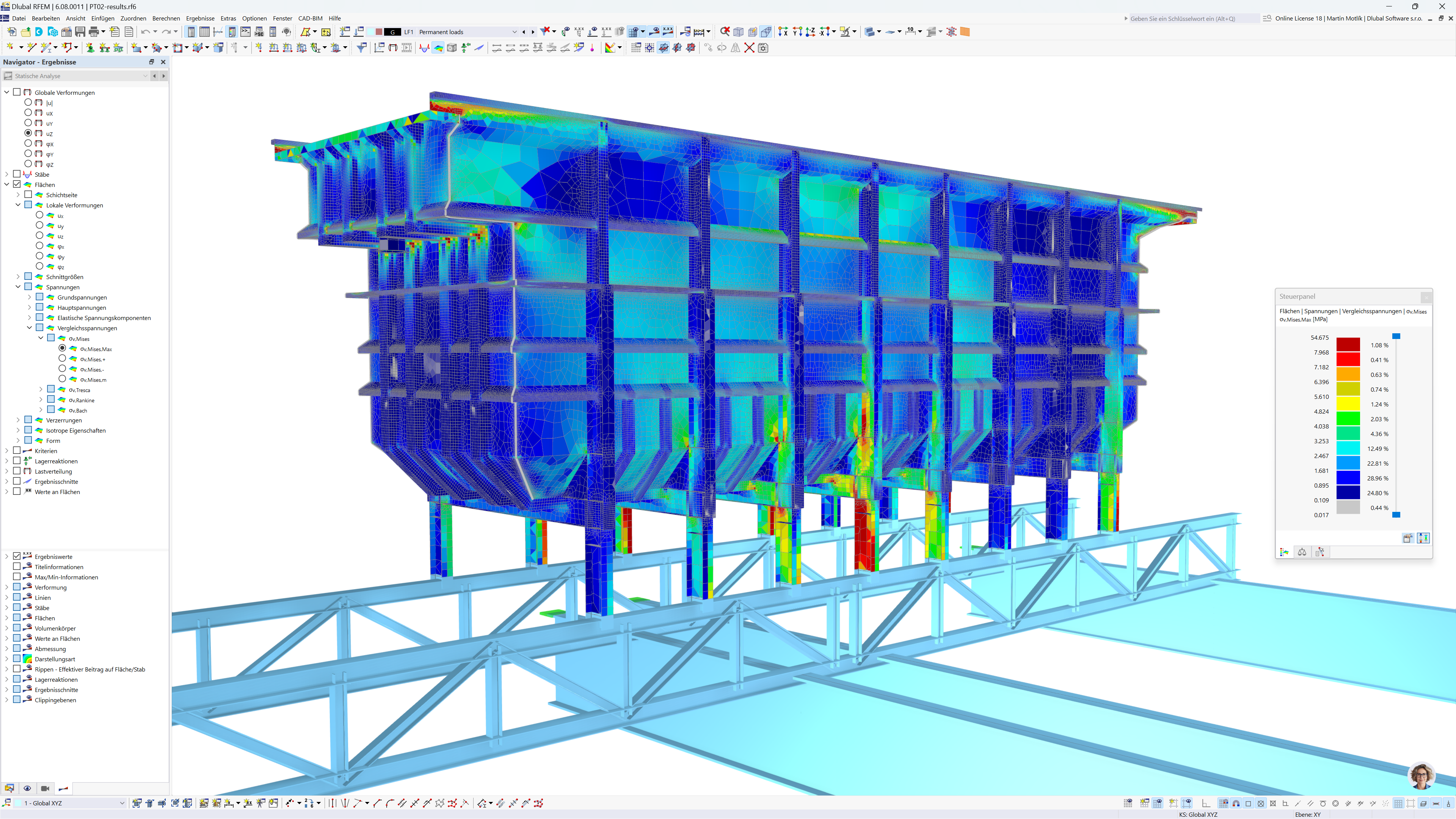 Model RFEM zbiornika stalowego (wariant 1) z naprężeniami na powierzchniach