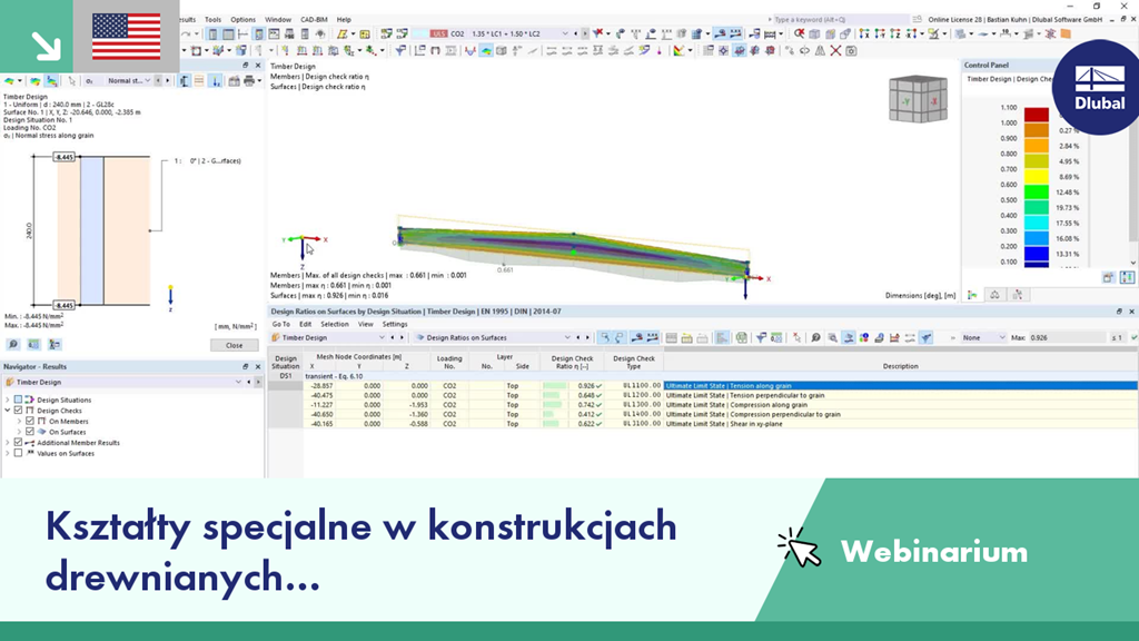 Analiza konstrukcji drewnianej o specjalnych kształtach z wykorzystaniem prętów i powierzchni