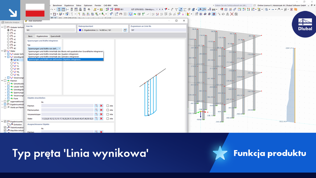 Typ linii wynikowej umożliwia integrację sił wewnętrznych