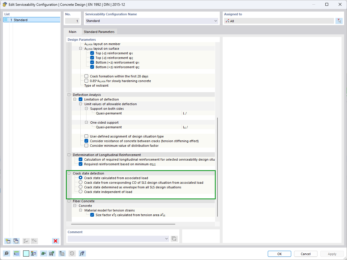 Interfejs wyświetlający ustawienia konfiguracji do wykrywania stanu rys z parametrami technicznymi.