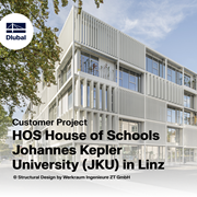 Widok zewnętrzny budynku HOS House of Schools na Uniwersytecie Johannesa Keplera w Linzu, Austria