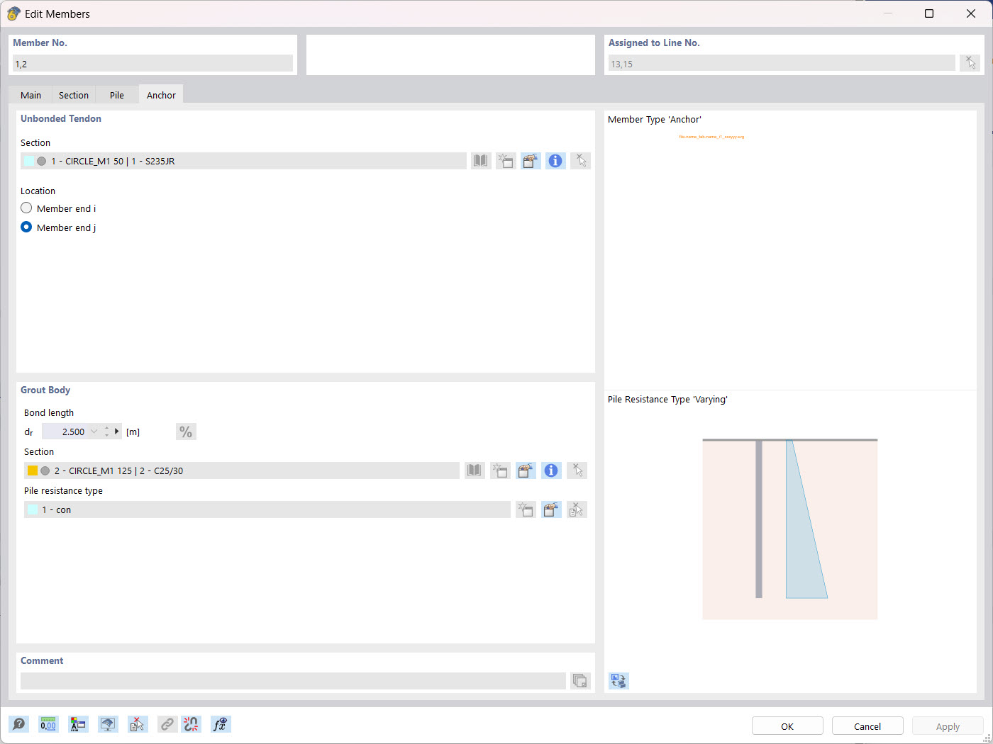 Rysunek przedstawia typ pręta Kotwa, który jest utwierdzony w bryle gruntu i umożliwia wprowadzenie parametrów dla części poddanej rozciąganiu oraz części kotwiącej.