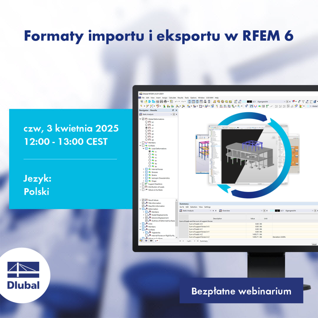 Obraz przedstawia szczegóły dotyczące importu i eksportu formatów w RFEM 6 w czwartek, 3 kwietnia 2025 w godzinach 12:00 - 13:00 CEST.