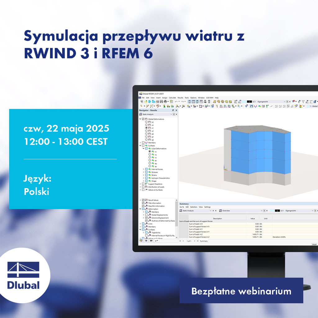 Obraz przedstawia symulację przepływu wiatru z użyciem RWIND 3 i RFEM 6 w dniu 22 maja 2025 roku.