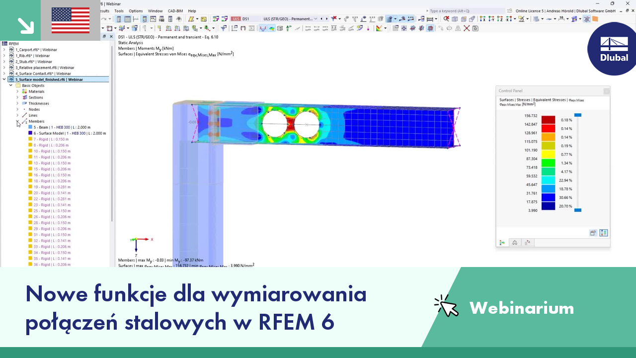 Prezentacja prezentująca nowe funkcje do projektowania połączeń stalowych w RFEM 6 podczas webinarium.