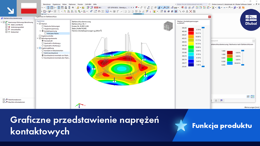 Obrazowanie naprężeń kontaktowych w konstrukcji, szczegółowo przedstawione za pomocą kolorowych gradientów.