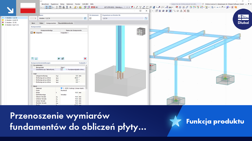 Wizualizacja przenoszenia poszczególnych wymiarów fundamentu przy wymiarowaniu podstawy w oprogramowaniu. Zrzut ekranu okna dialogowego z opcjonalnymi polami wprowadzania dla takich parametrów jak szerokość, długość i głębokość. Istnieją wizualne wskazówki dotyczące zastosowania tych parametrów w obliczeniach statycznych. Profesjonalny model oprogramowania inżynierskiego wspierający analizę konstrukcyjną.