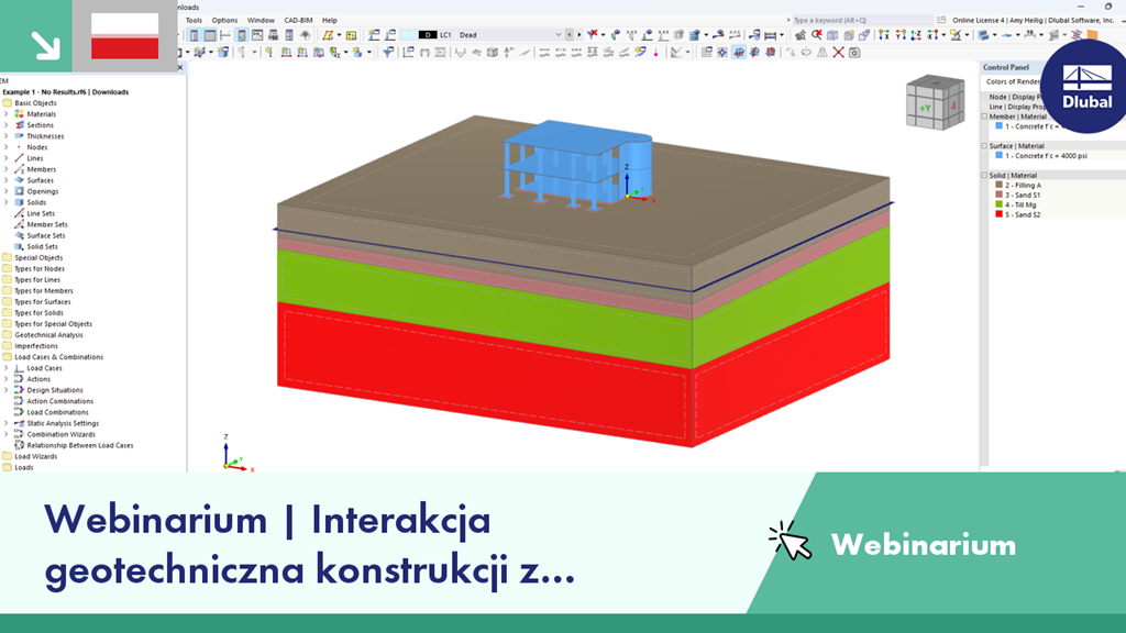 Webinarium na temat geotechnicznej interakcji podłoże-konstrukcja w RFEM 6, prezentujące interaktywne narzędzia do analizy interakcji.