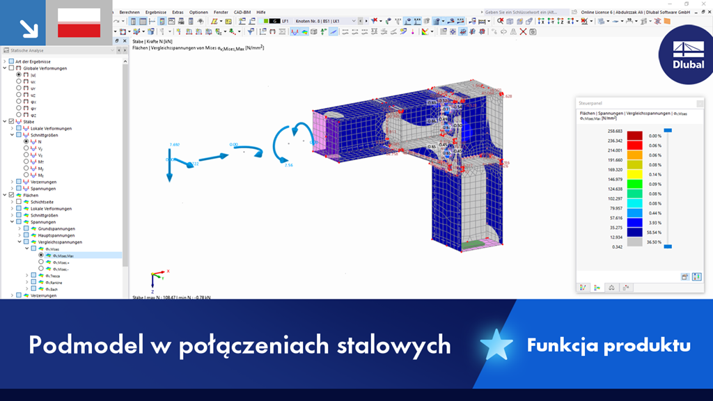 Przedstawienie submodelu z połączeniami stalowymi, w tym belki i szczegóły połączenia, do analizy konstrukcyjnej.