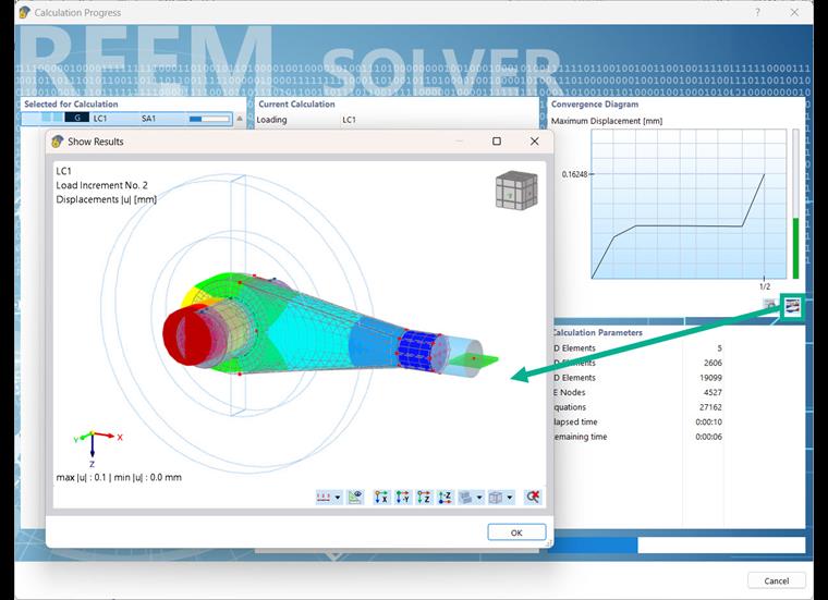 Wyświetlanie deformacji modelu w oknie postępu obliczeń programu
