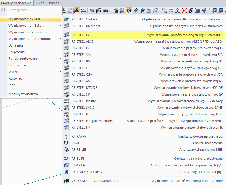 Wyświetla się menu rozszerzenia Konstrukcje stalowe w RF-STEEL EC3.