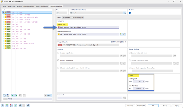 Ilustracja efektów pełzania i skurczu w modelu statycznym konstrukcji.