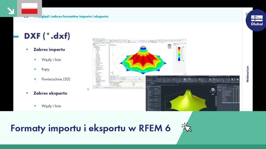Przykład formatów wymiany plików w programie RFEM 6, ukazujący różne opcje importu i eksportu.