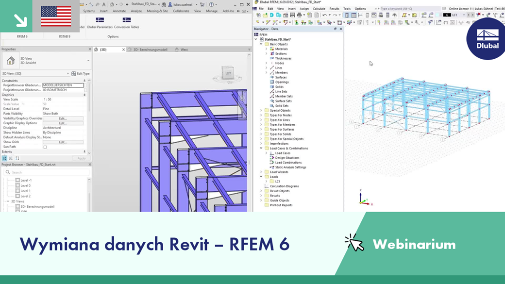 Ekran przedstawiający zawartość webinarium na temat wymiany danych między programami Revit i RFEM 6 z wyjaśnieniem szczegółów technicznych.