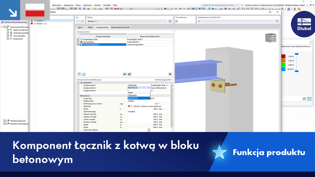 Komponent „Środek łączący” przedstawia kotwy w bloku betonowym jako część funkcji programu.