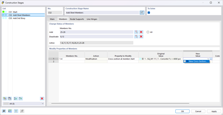 Zarządzanie i dostosowywanie właściwości konstrukcyjnych w modelu etapowania budowy.