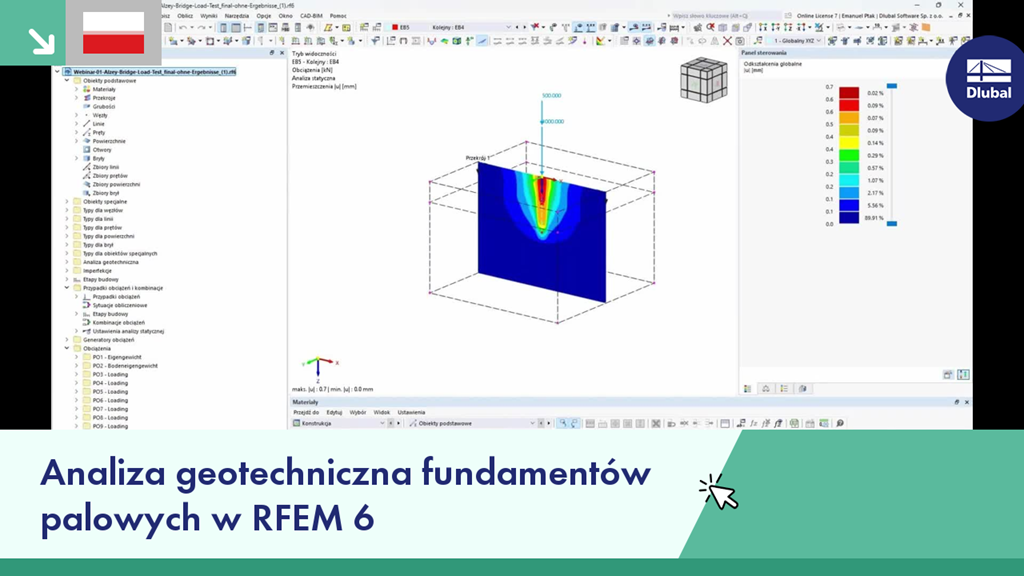 Wizualizacja analizy geotechnicznej fundamentów palowych w oprogramowaniu RFEM 6, przedstawiająca ich zachowanie strukturalne.