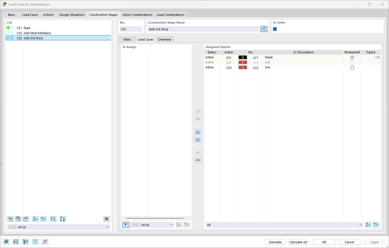 Okno dialogowe przyporządkowania przypadków obciążeń do etapów budowy oprogramowania do planowania konstrukcji
