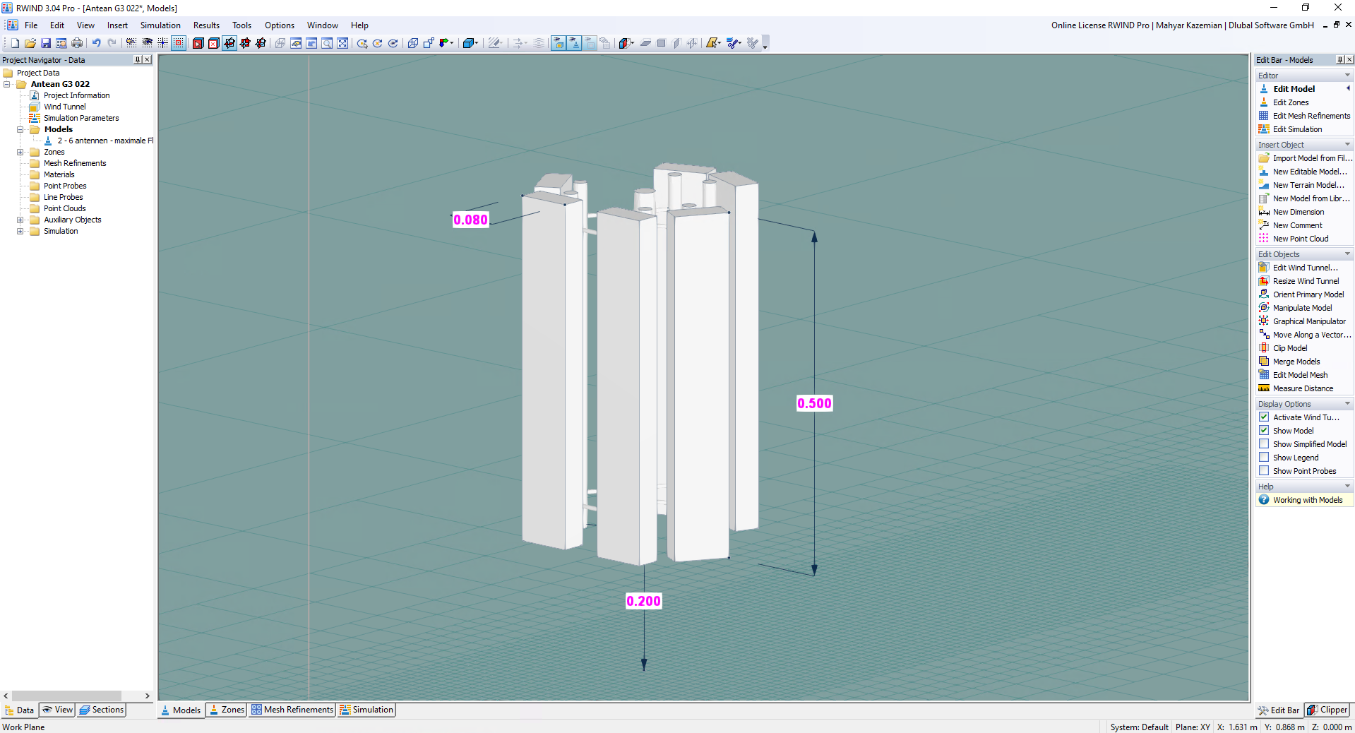 Simulation of six sharp-edged antennas in a virtual wind tunnel environment, analyzing aerodynamic performance.
